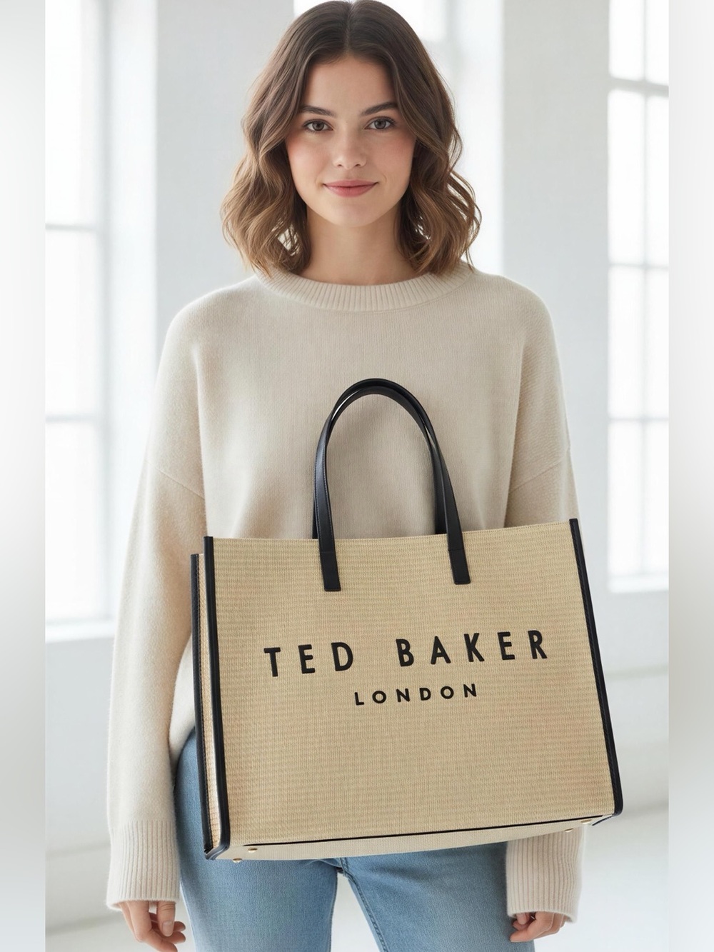 Ted Baker Beige Straw Tote with Black Trim and Logo